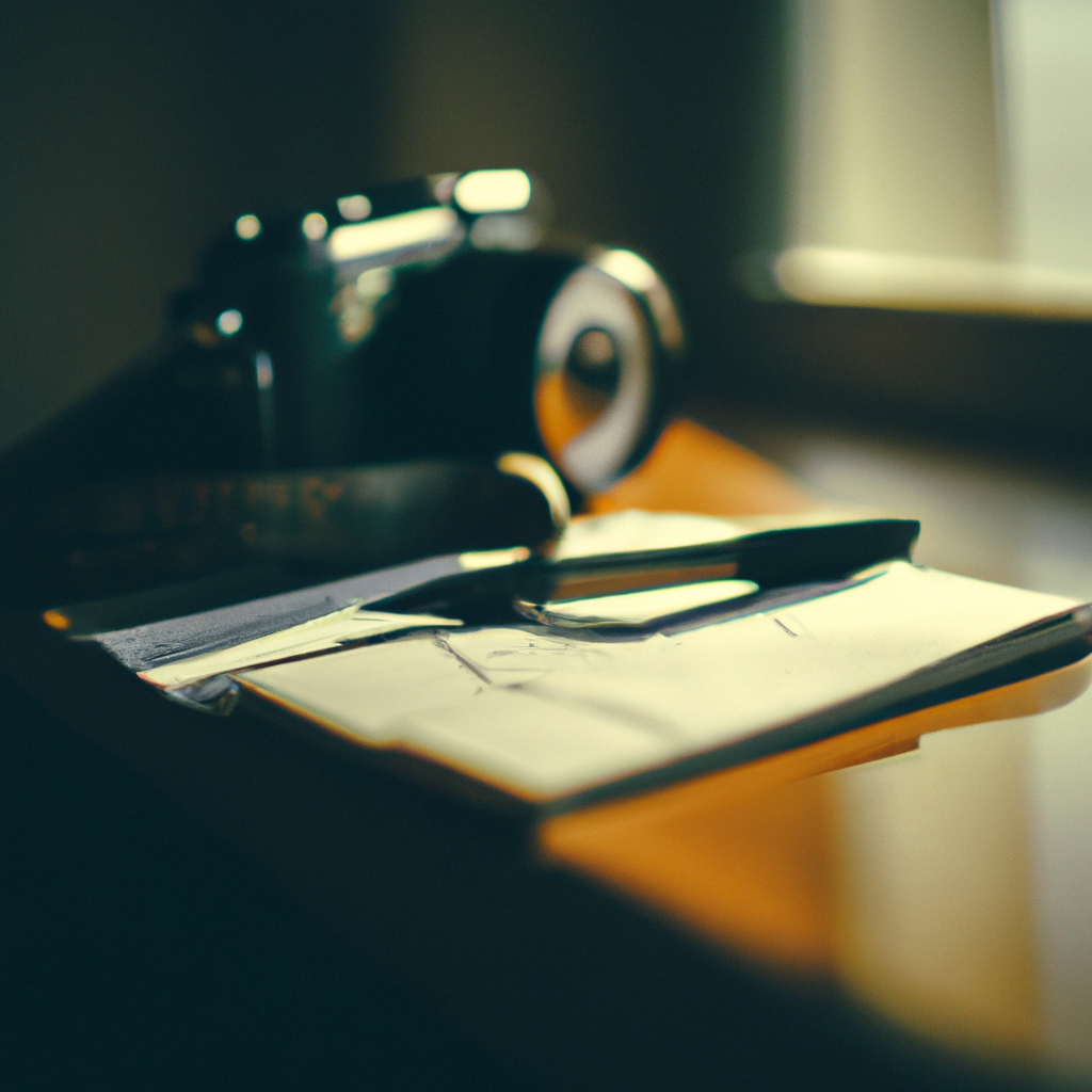Close-up of a camera next to a notebook with handwritten workshop notes on a wooden table in soft window light.